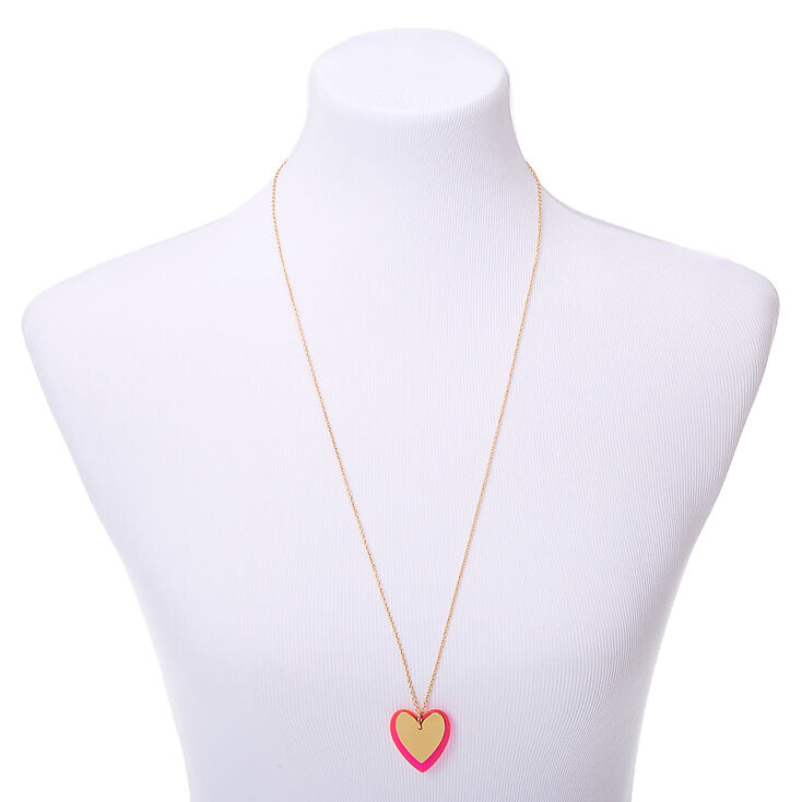 Gold Neon Double Heart Long Pendant Necklace - Pink,