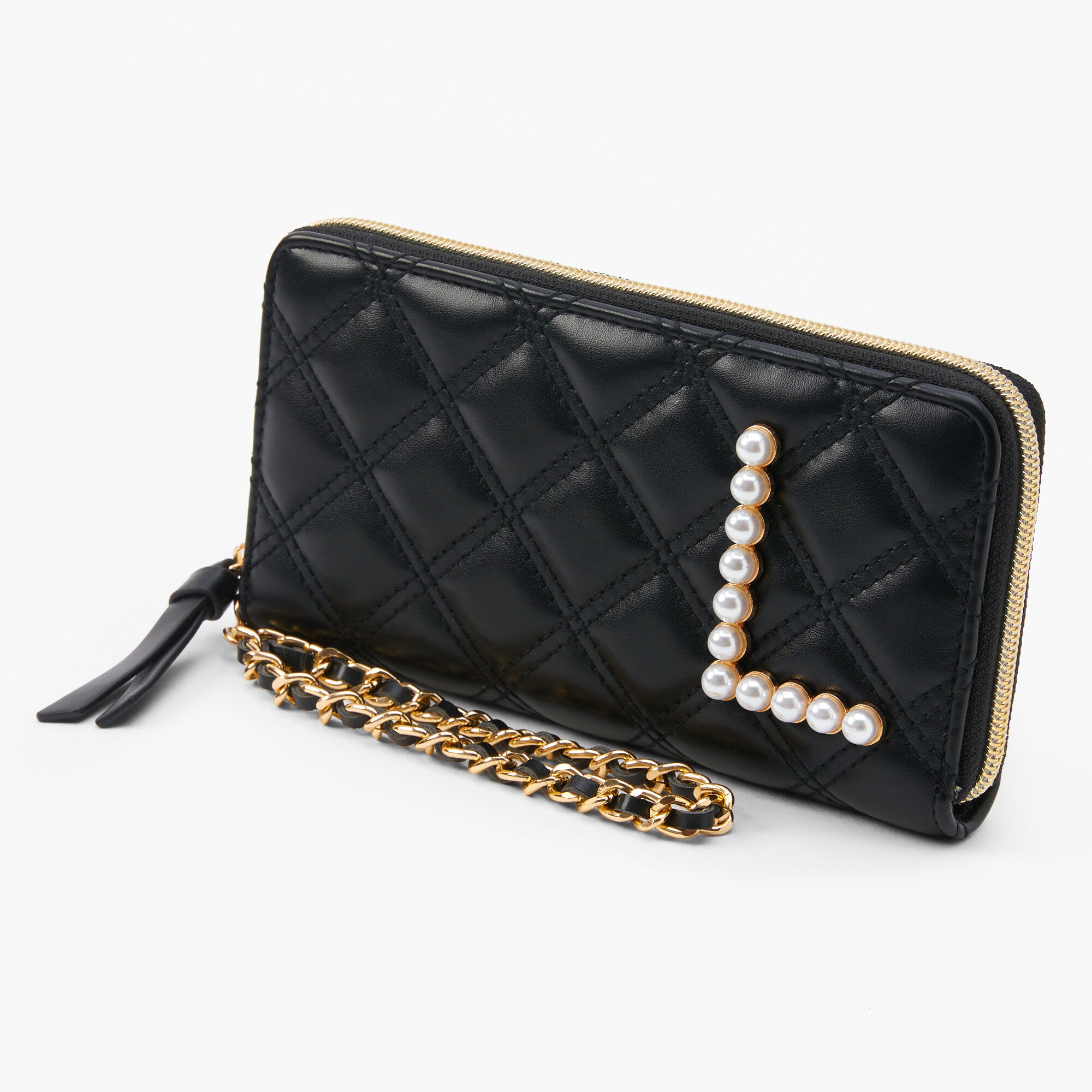 Claire's Pochette poignet à initiale avec perles d’imitation - Noir, L
