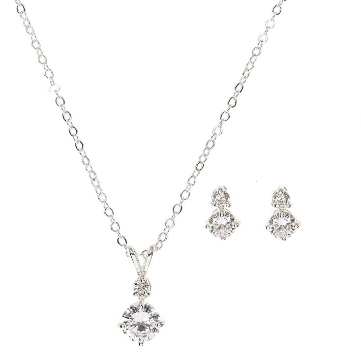 Silver Tone Cubic Zirconia Diamond Drop Pendant Necklace &amp; Earrings Set,