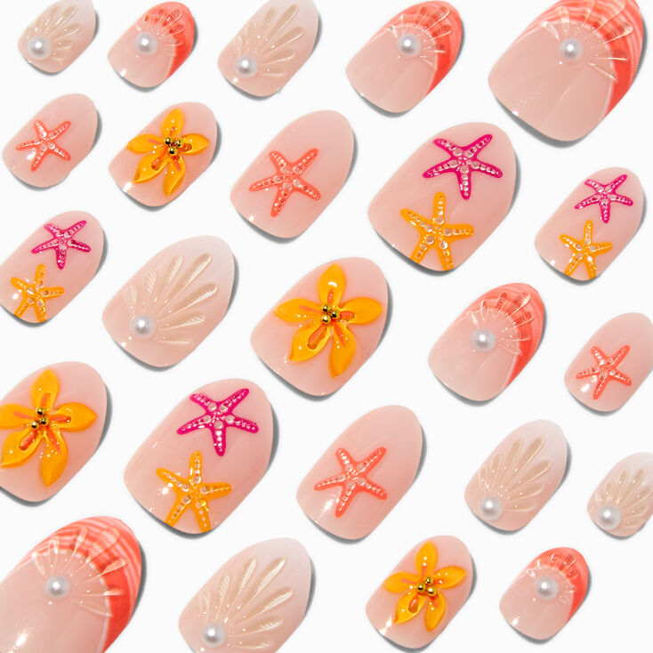 Orange Seashell &amp; Starfish Stiletto Press On Vegan Faux Nail Set - 24 Pack,