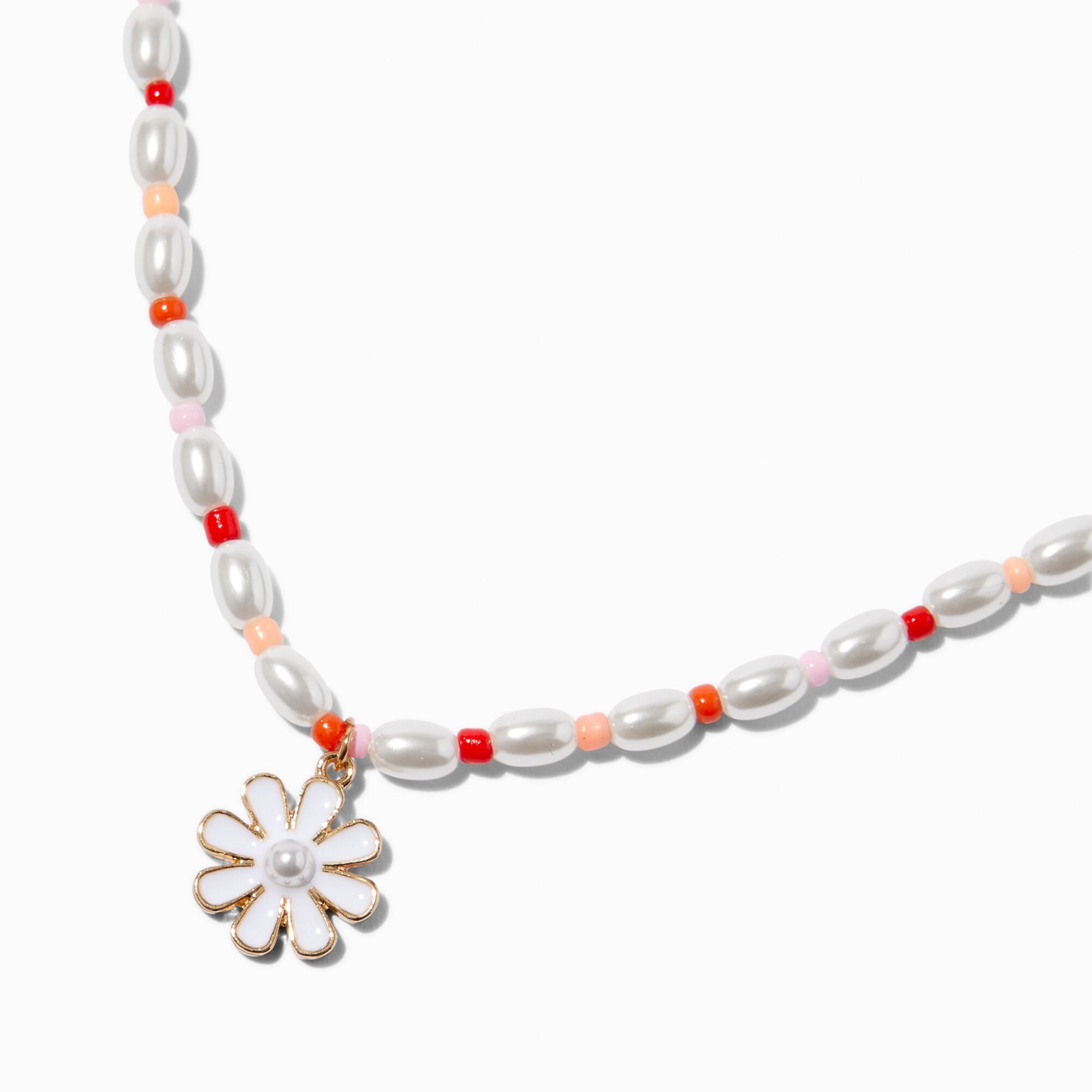 White Daisy Half Beaded & Gold-tone Paperclip Chain Pendant Necklace,