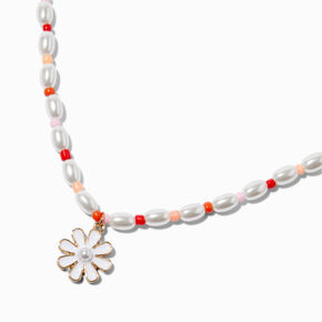 White Daisy Half Beaded &amp; Gold-tone Paperclip Chain Pendant Necklace,