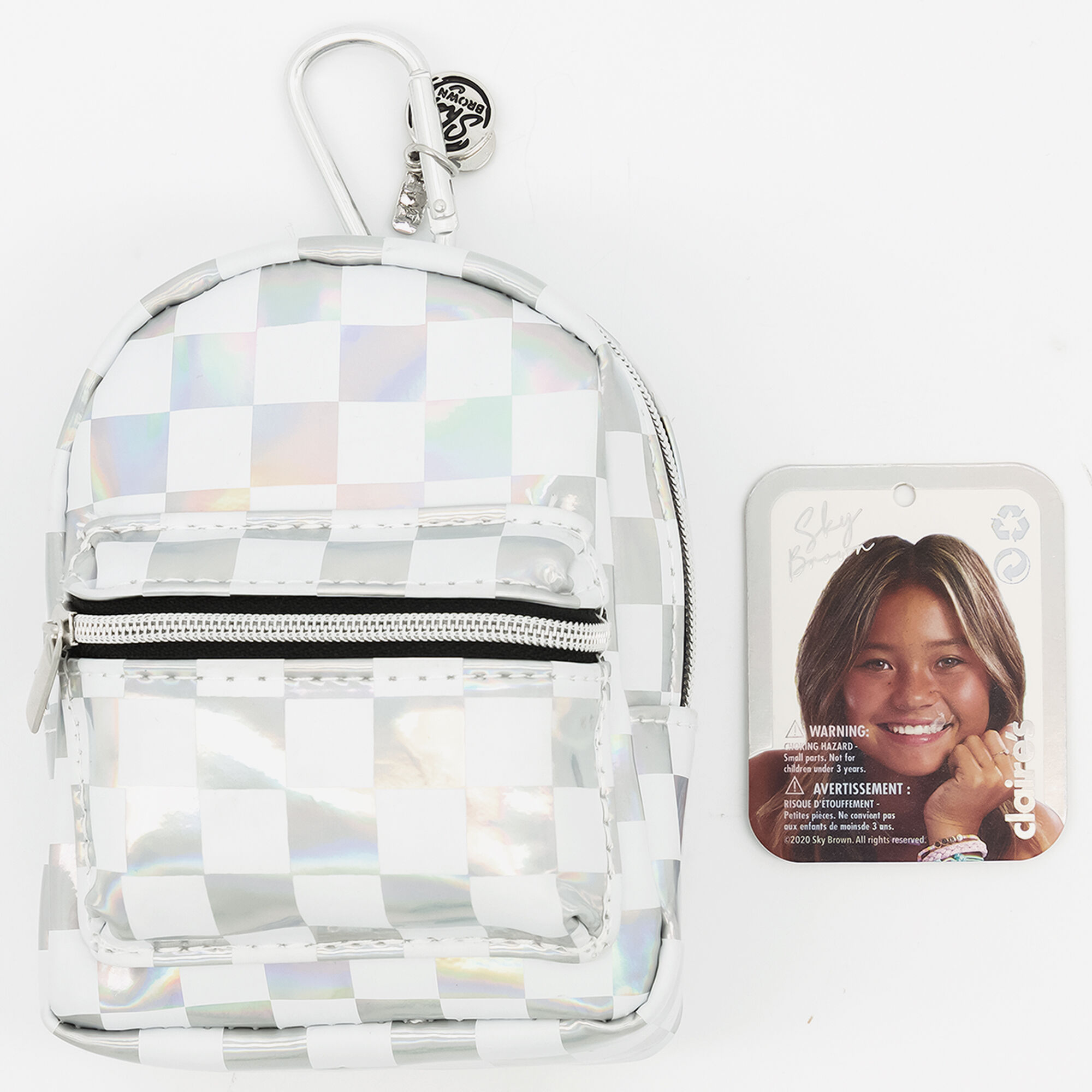 Claire's Porte-clés mini sac à dos à carreaux Sky Brown™ - Holographique