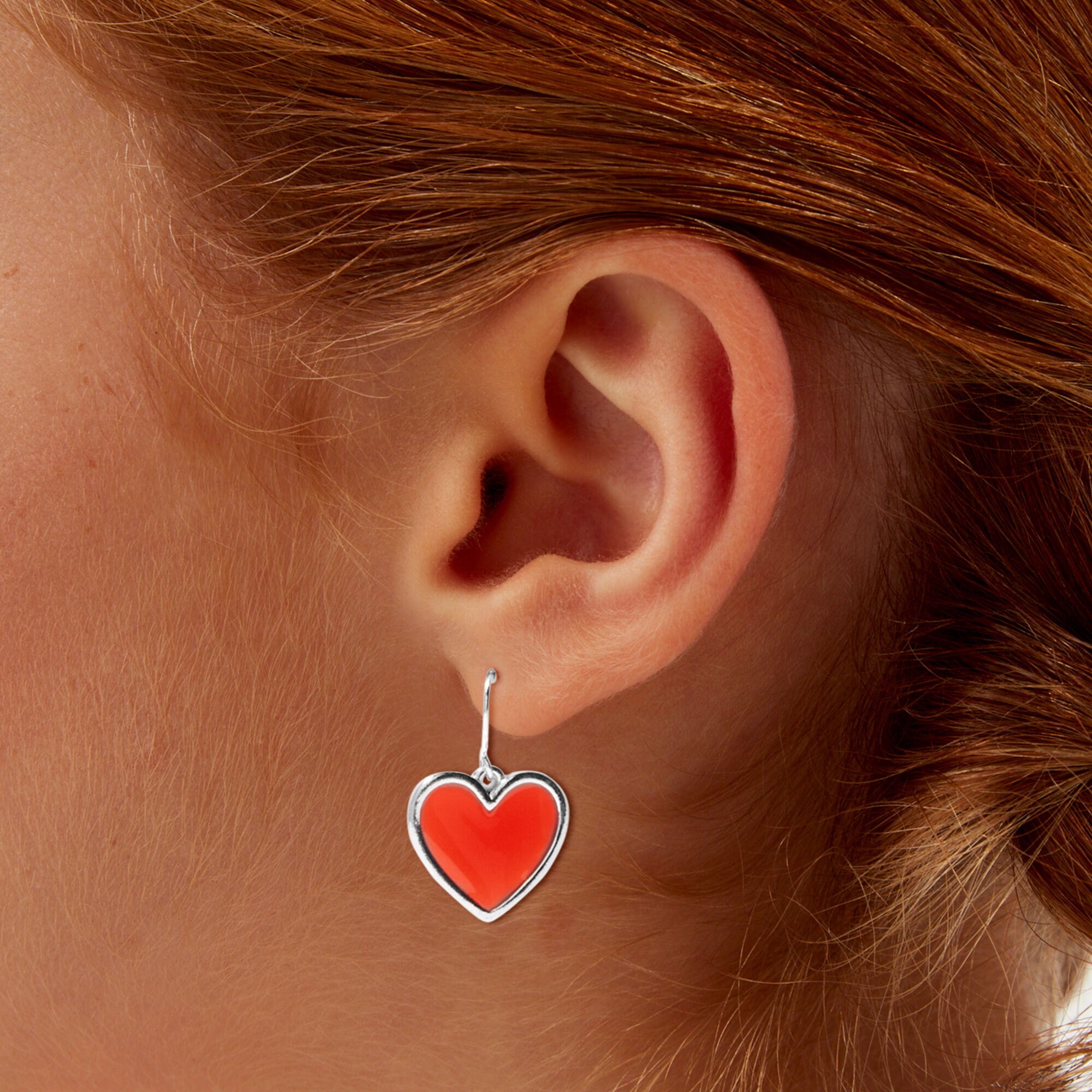 Red Enamel Heart 0.5" Silver Drop Earrings,