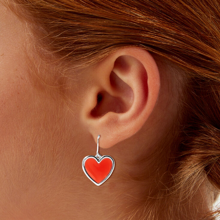 Red Enamel Heart 0.5&quot; Silver Drop Earrings,