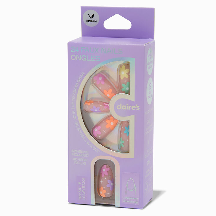 Multicolored Daisy Long Almond Vegan Faux Nail Set - 24 Pack,