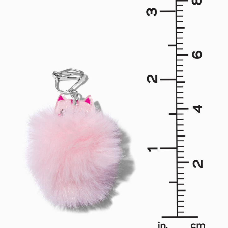 Pink Cat Pom Pom 1.5&quot; Clip On Drop Earrings,