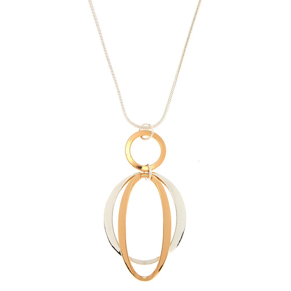 Silver Triple Ring Long Pendant Necklace,