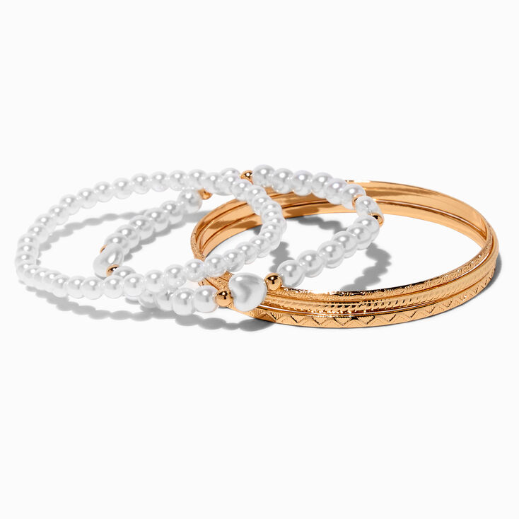 Pearl Heart &amp; Gold-tone Textured Bangle Bracelets - 5 Pack ,