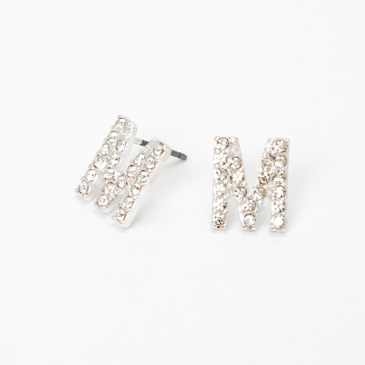 Silver Crystal Initial Stud Earrings - M,