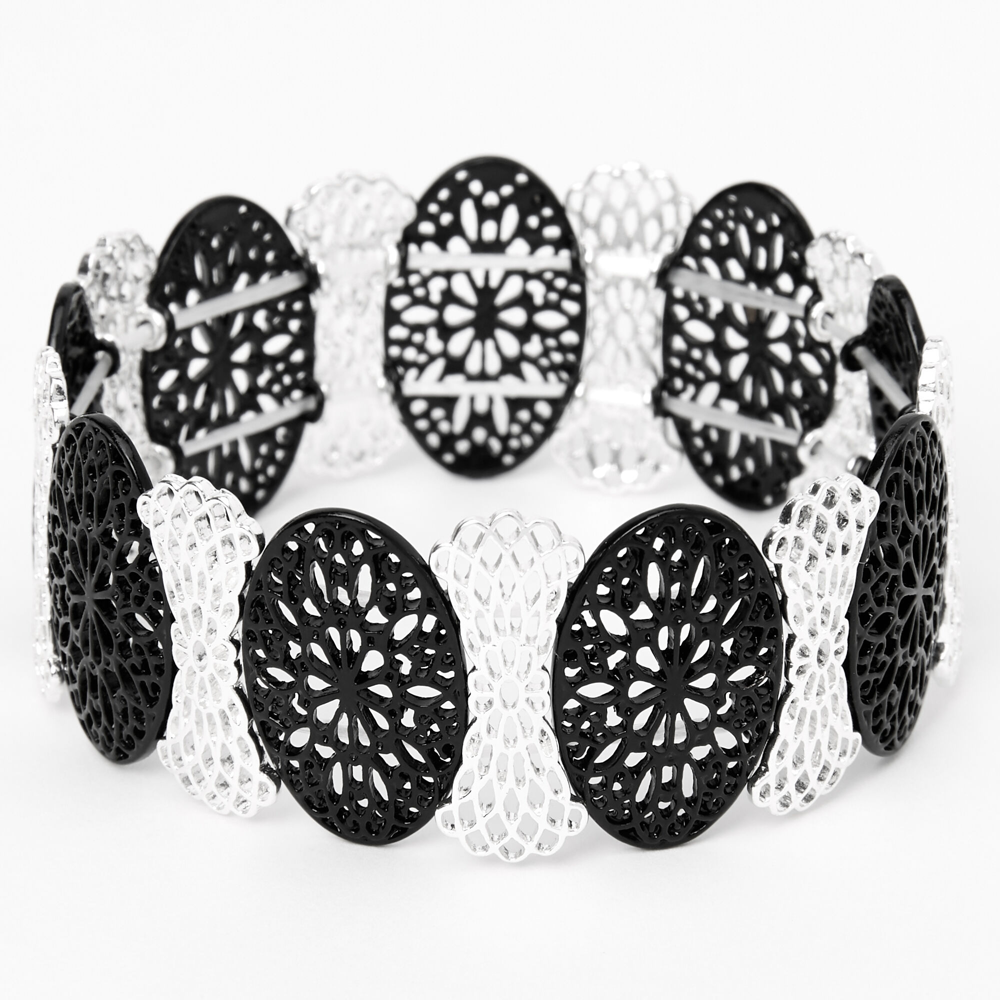 Silver and Black Filigree Circles Stretch Bracelet