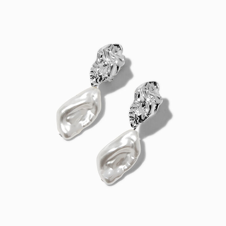 Silver-tone Pearl Smash Clip-On Drop Earrings ,