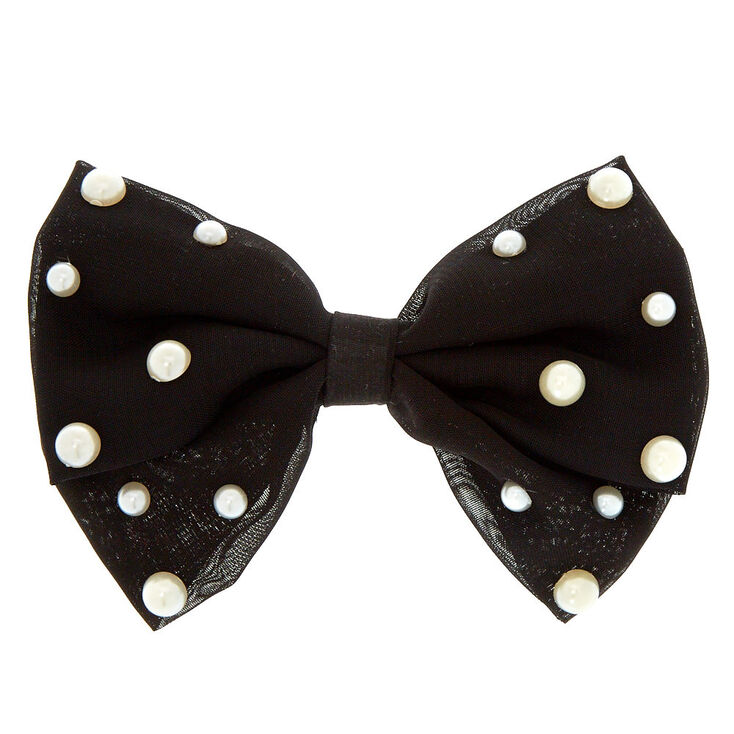 Claire's Black Satin Pearl Long Tail Bow Hair Clip
