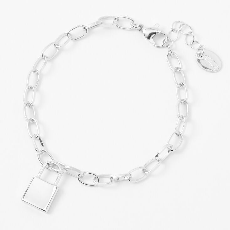 Silver-tone Padlock Charm Chain Link Bracelet,
