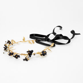 Gold Metallic Flower Crown Tie Headwrap - Black,