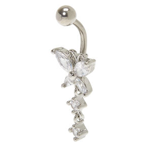 Silver-tone Cubic Zirconia 14G Crystal Butterfly Belly Ring,