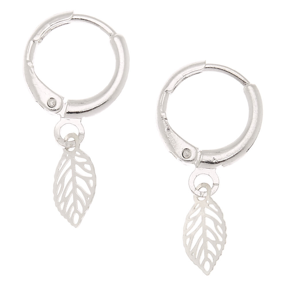 Silver 10MM Leaf Huggie Hoop Earrings