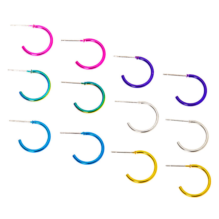 Silver Metallic Rainbow Hoop Earrings - 6 Pack,