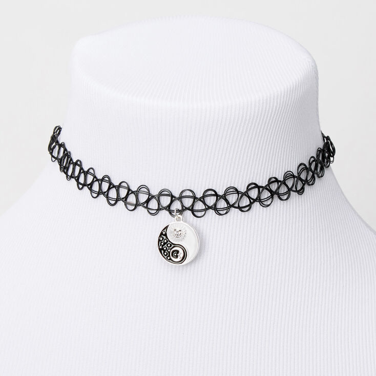 Sun &amp; Moon Yin Yang Tattoo Choker Necklace - Black,