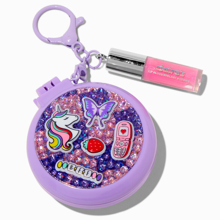 Purple Y2K Unicorn Hair Brush &amp; Lip Gloss Keyring,