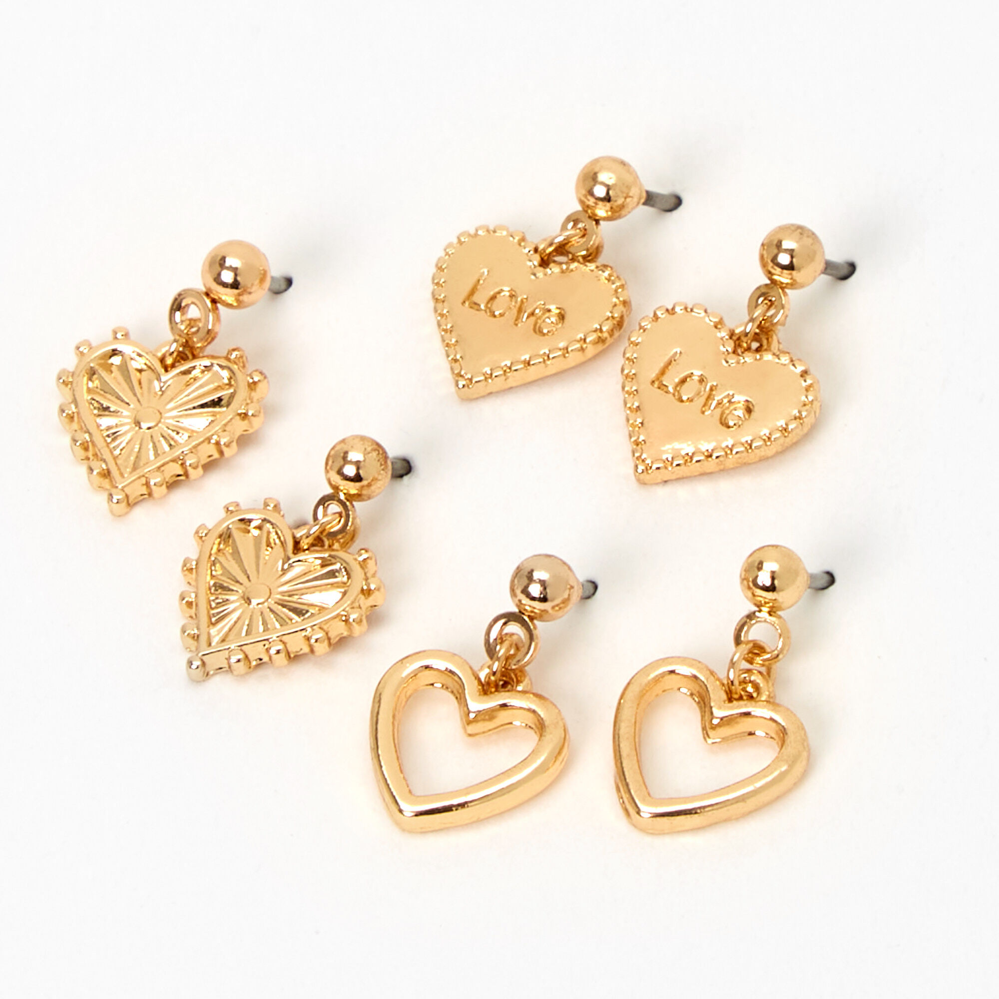 Gold Hearts "Love" 0.5" Drop Earrings - 3 Pack,