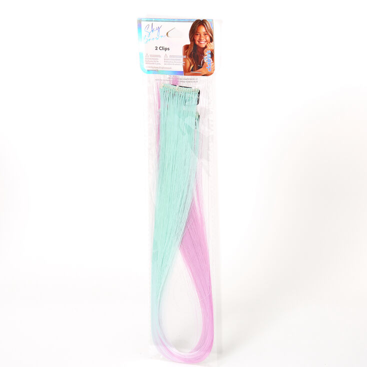 Extensions de cheveux synth&eacute;tiques &agrave; clip avec d&eacute;grad&eacute; de tons vert menthe et lavande Sky Brown&trade; - Lot de 2,