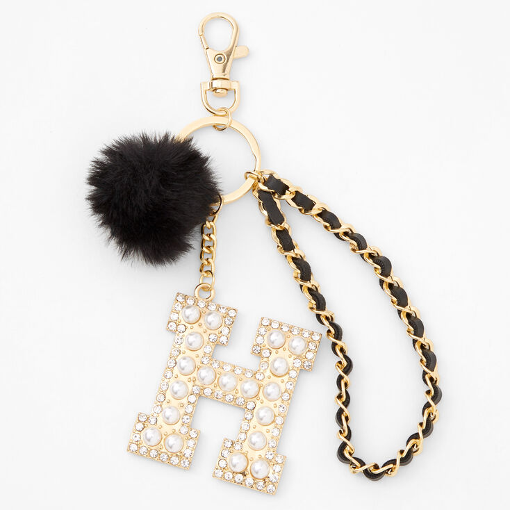 Gold Bling Initial Pom Pom Keyring - Black, H,
