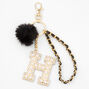 Gold Bling Initial Pom Pom Keyring - Black, H,