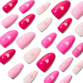 Pink Heart Long Almond Vegan Faux Nails - 24 Pack,