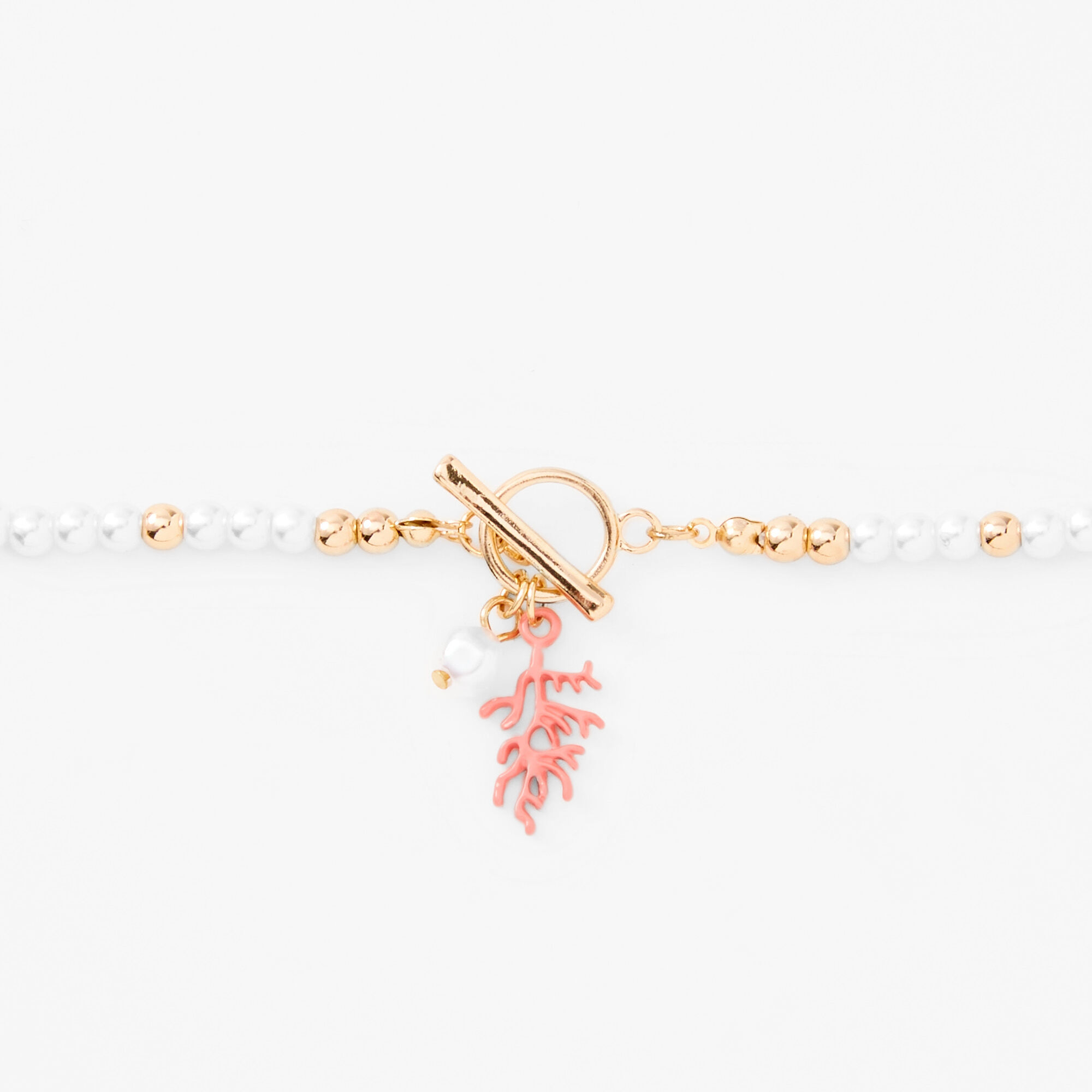 Gold Coral Pearl Toggle Clasp Choker Necklace,