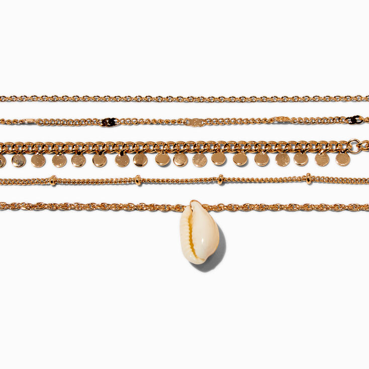 Gold-tone Coin &amp; Shell Chain Bracelets - 5 Pack ,