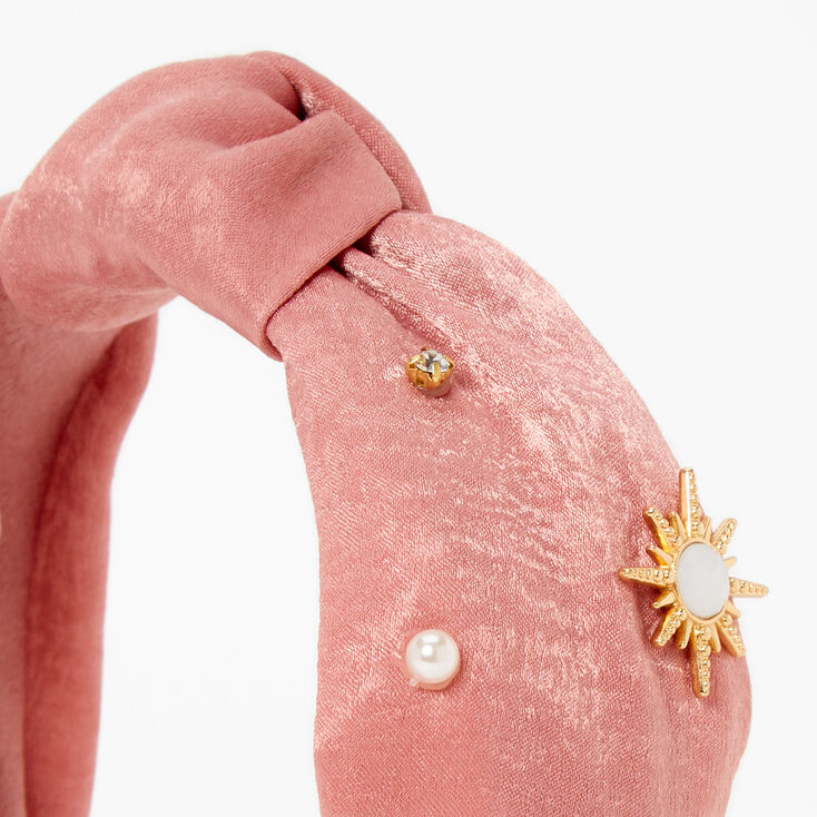 Pink Embellished Starburst Knotted Satin Knit Headband,