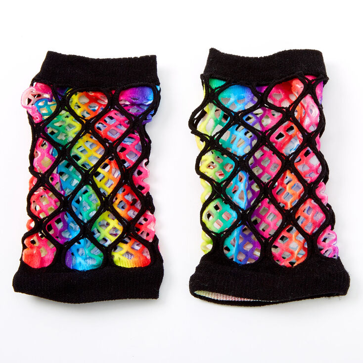 Rainbow Tie Dye Layered Fishnet Gloves,