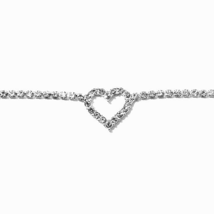 Silver-tone Rhinestone Heart Pendant Choker Necklace ,