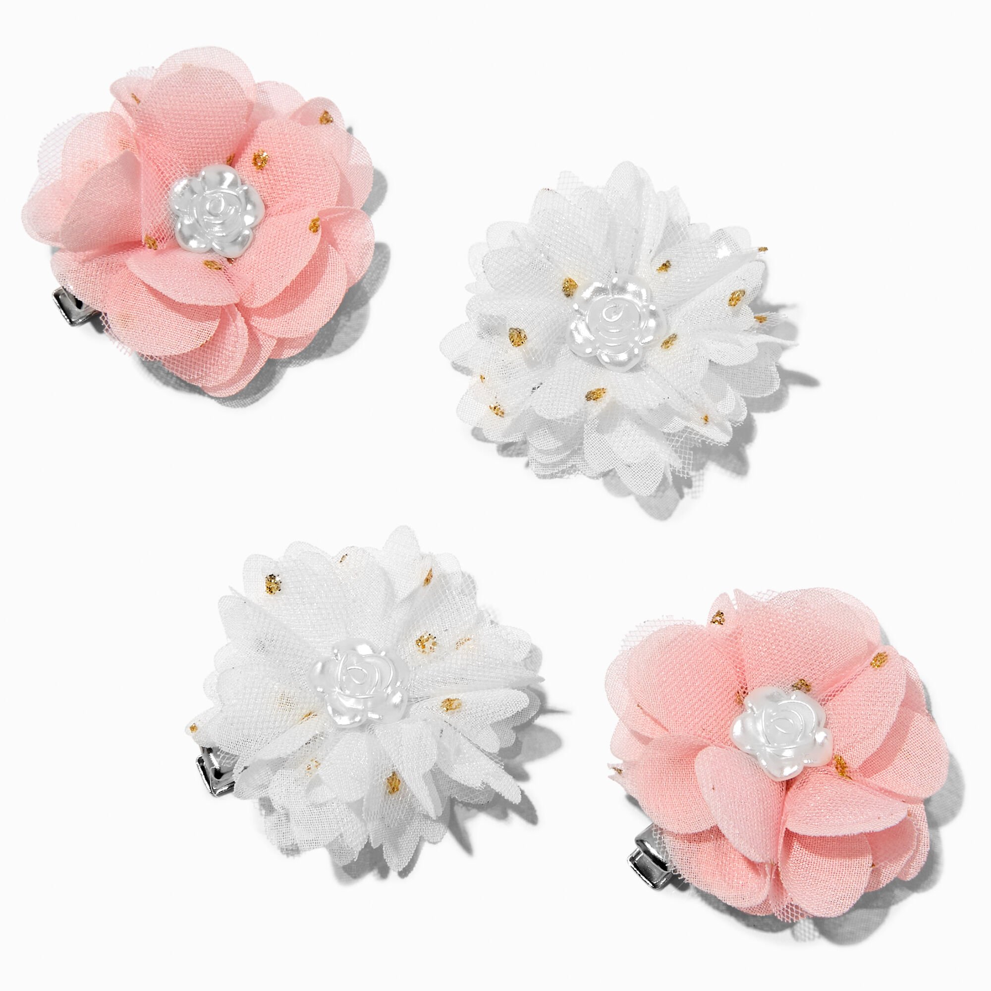 View Claires Club Special Occasion Pink Chiffon Flower Hair Clips 4 Pack White information