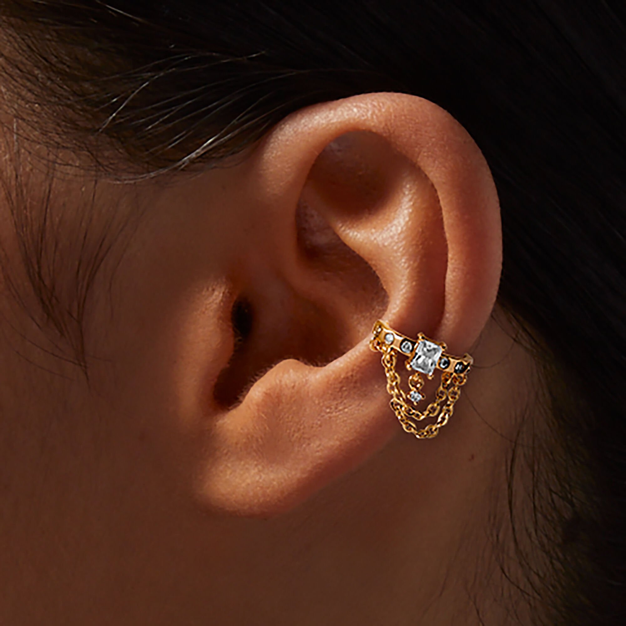 Gold tone Stainless Steel Cubic Zirconia Chain Swag 18G Conch Hoop Earring Claire s US