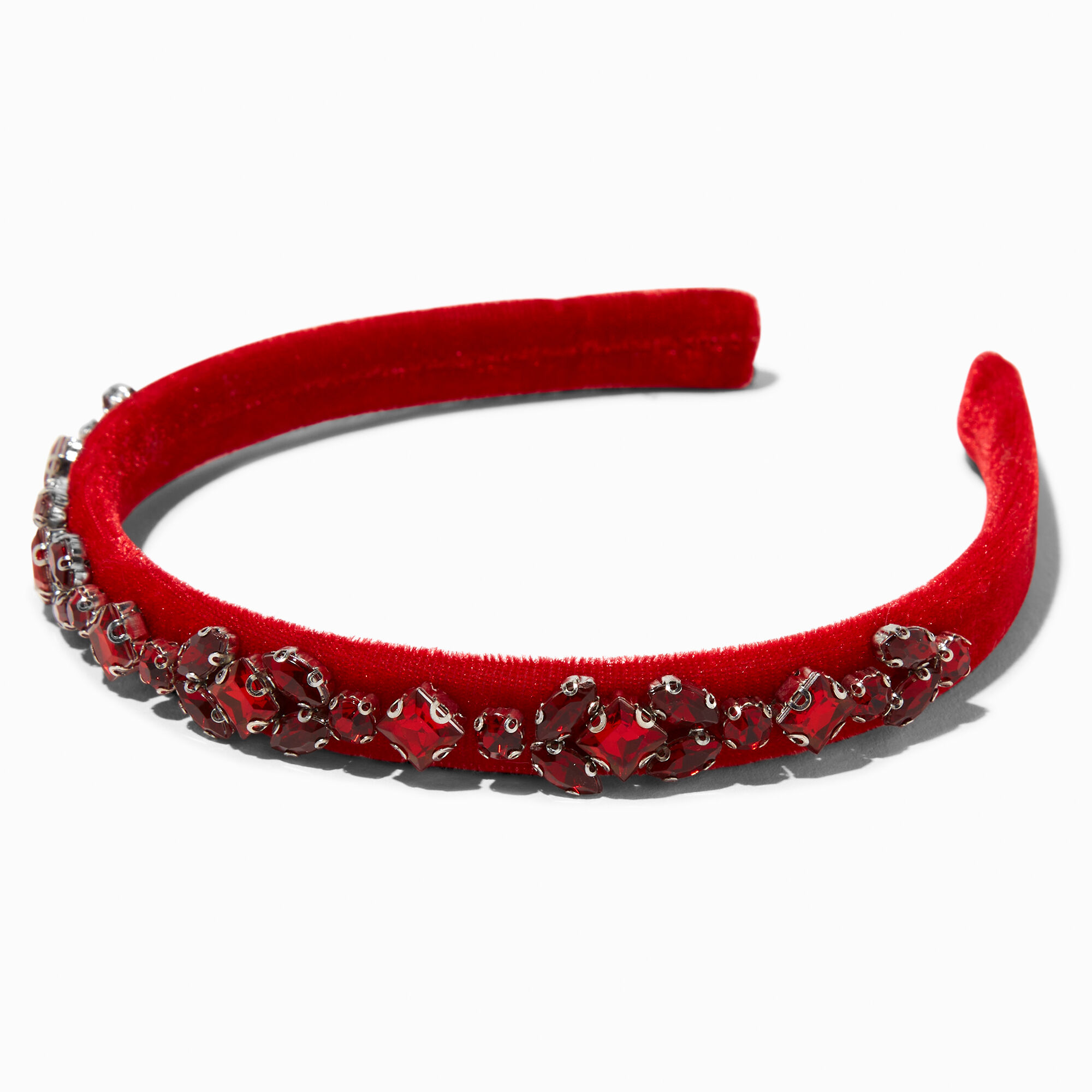 View Claires Velvet Bejewelled Skinny Headband Red information
