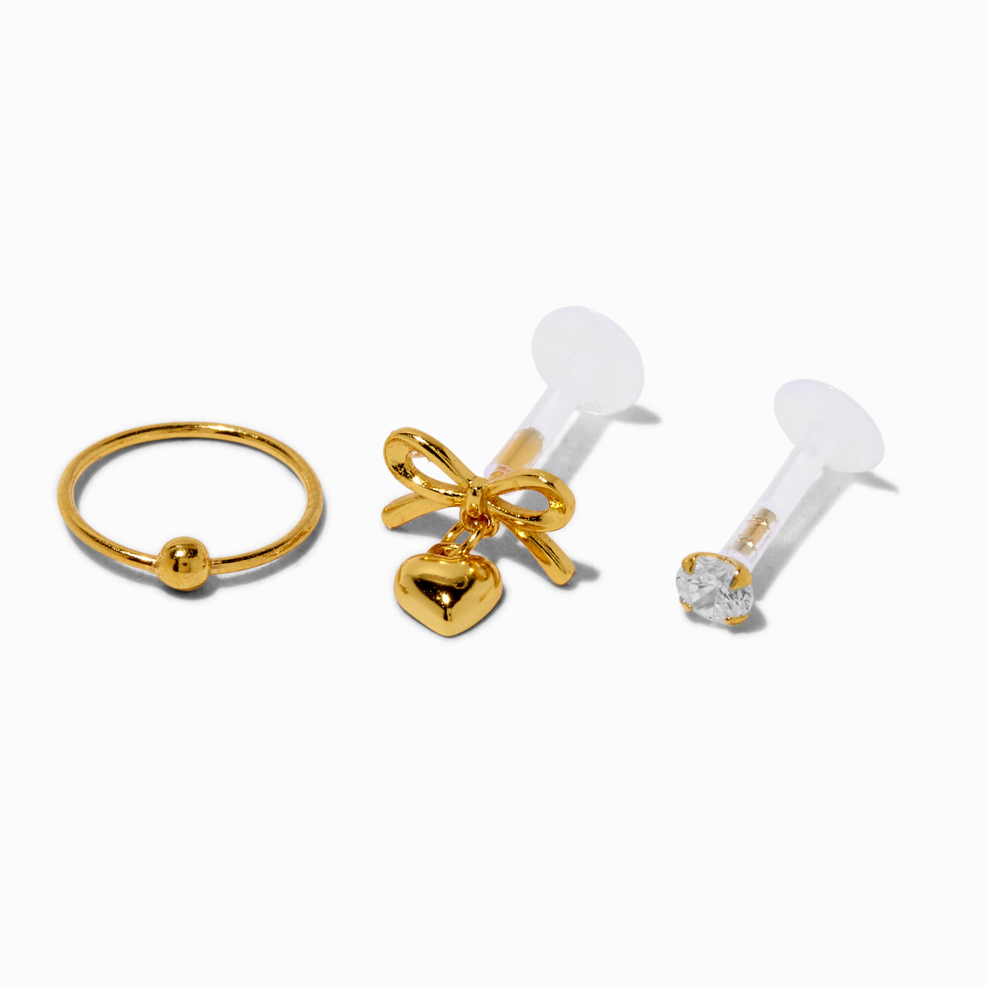 Gold-tone Sterling Silver Bow Heart 22G Threadless Flat Back & Clicker Helix Earrings - 3 Pack,
