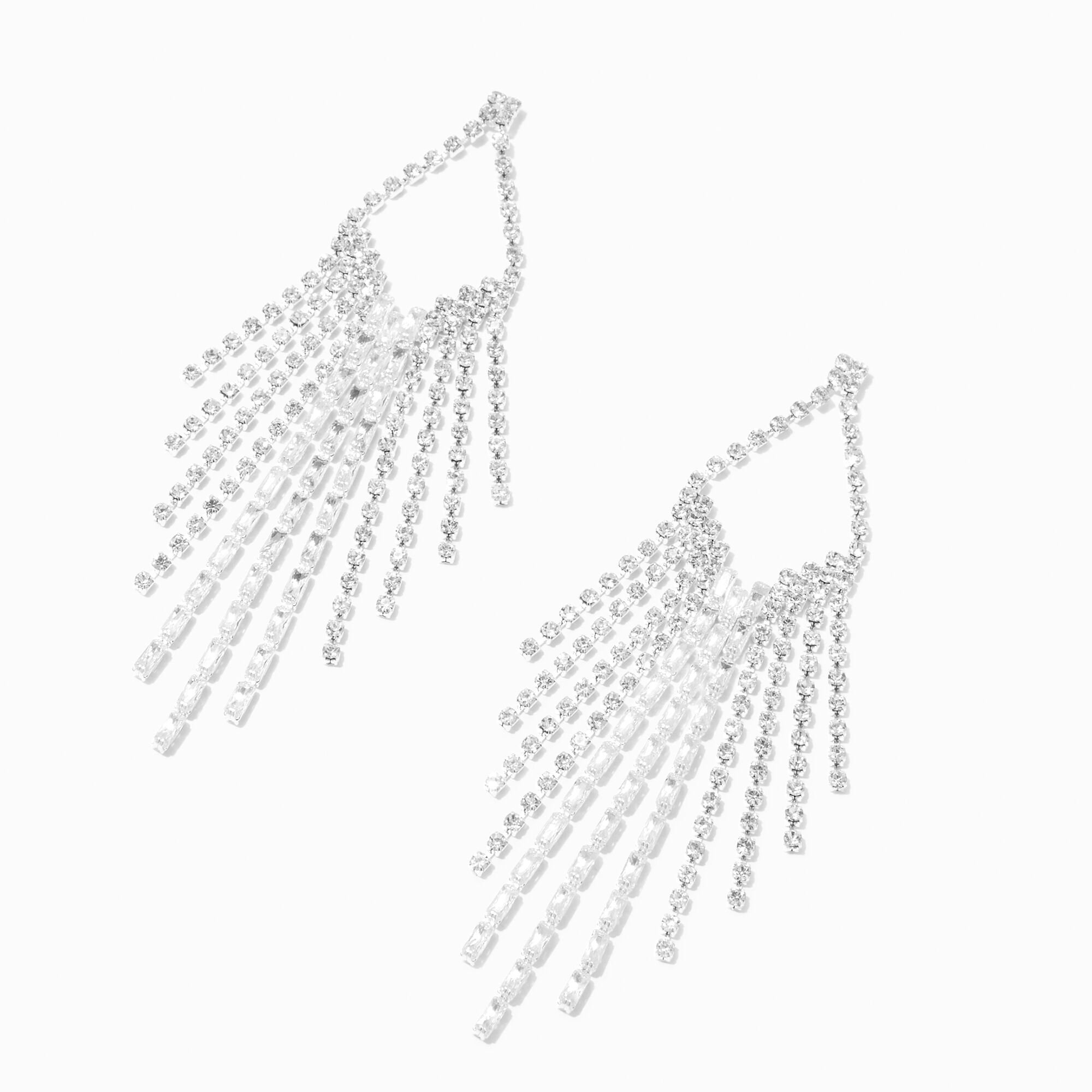 View Claires Tone Crystal Baguette Fringe 4 Drop Earrings Silver information