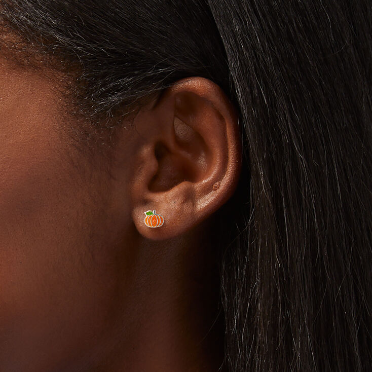 Sterling Silver Glitter Pumpkin Stud Earrings,