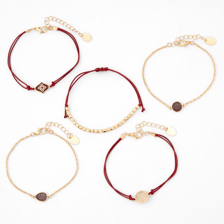 Gold Mixed Bracelets - 5 Pack, Burgundy,