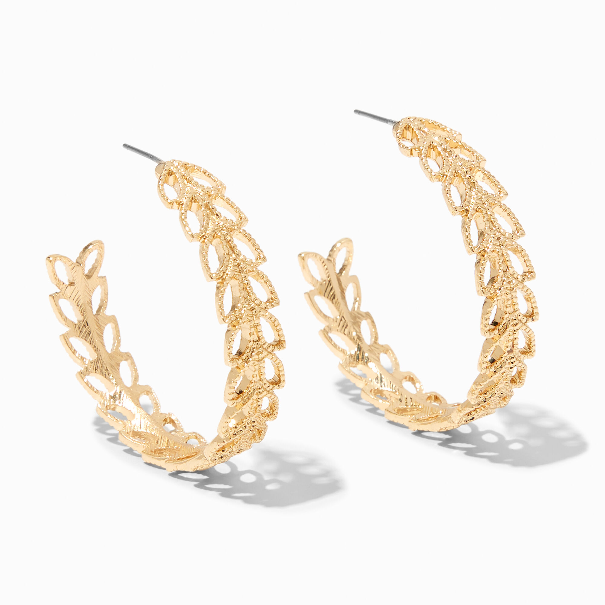 View Claires 40MM Textured Leaf Hoop Earrings Gold information