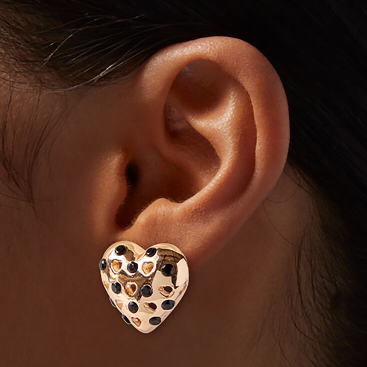 Clous d&#39;oreilles c&oelig;ur en strass noir couleur dor&eacute;e,