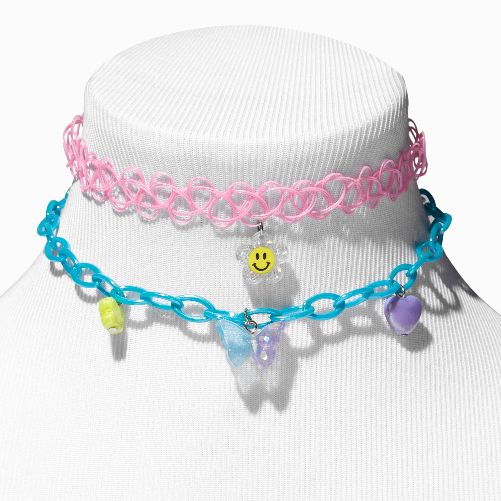 Happy Face Daisy & Butterfly Charm Tattoo Choker & Chainlink Necklaces - 2 Pack,