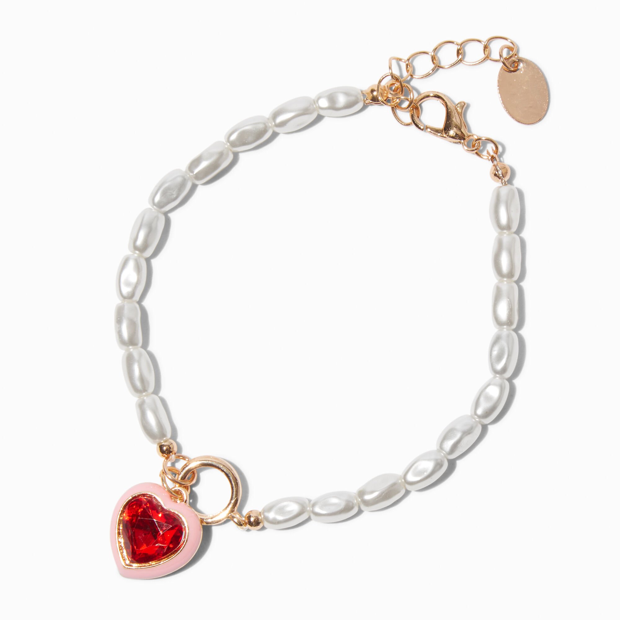 Bracelet breloque cœur rouge et perle d'imitation,