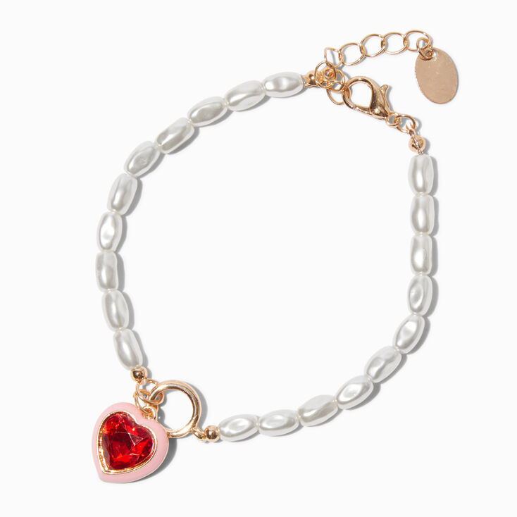 Pearl &amp; Red Heart Charm Bracelet,