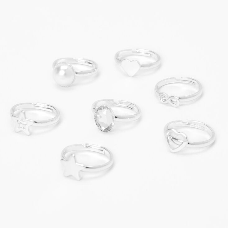 Claire&#39;s Club Silver Stars and Hearts Rings - 7 Pack,