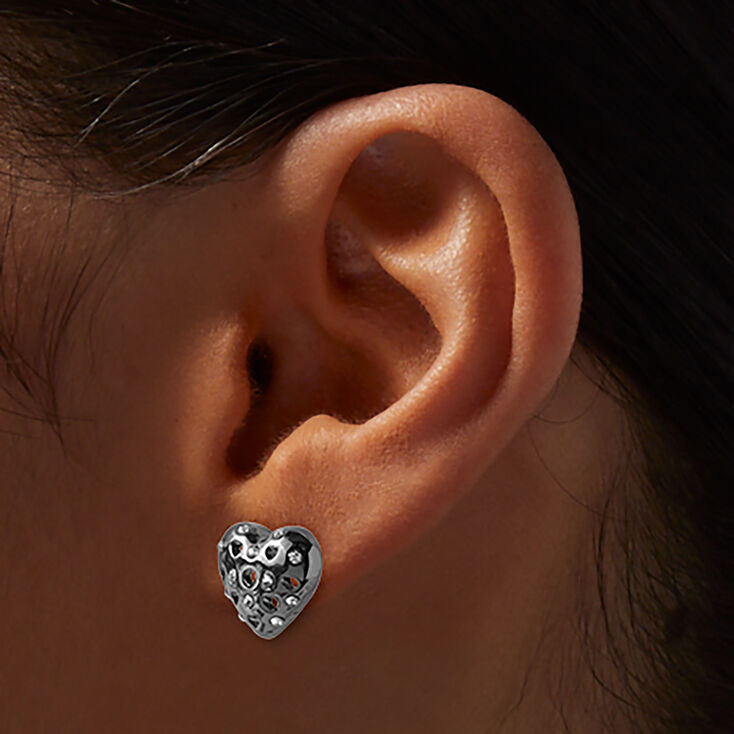 Black Puffy Rhinestone Heart Stud Earrings,