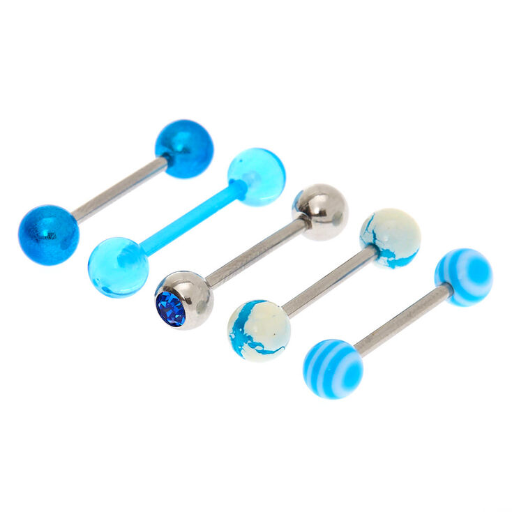 Silver-tone 14G Marble Swirl Tongue Rings - Blue, 5 Pack,