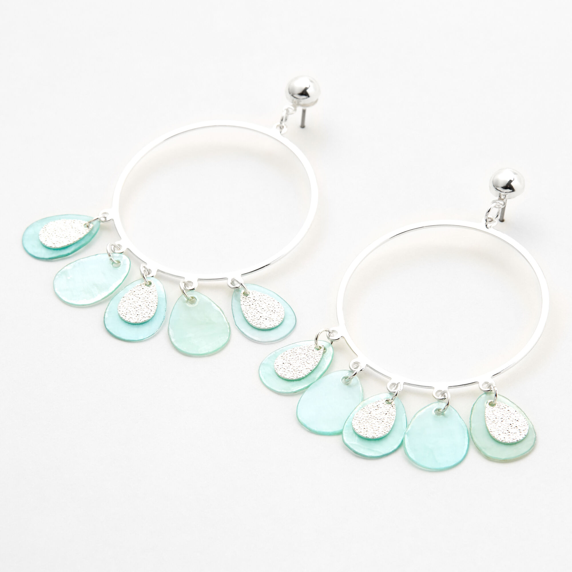 Silver 2" Circle Gypsy Seashell Drop Earrings - Mint,